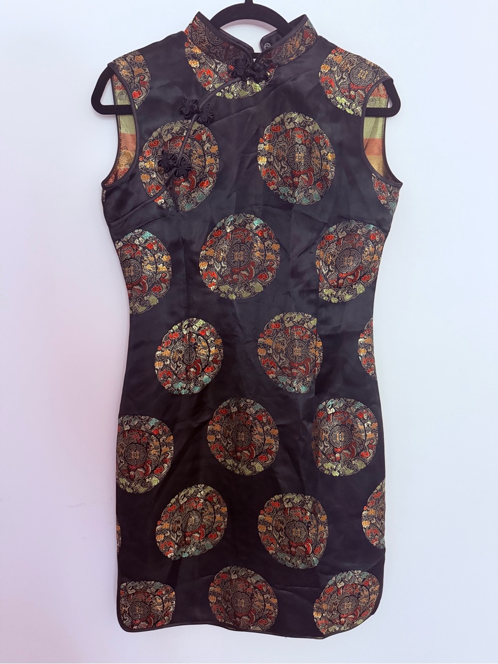 Sleeveless Black Brocade Cheongsam Dress with Multicolor Medallions